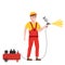 Spray painter professional character spraying yellow paint from paint gun and compressor wearing uniform. Flat cartoon
