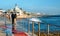 Spray from waves splashing on boardwalk leading to Tamariz beach in the Atlantic resort town of Estoril near Lisbon