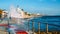 Spray from waves splashing on boardwalk leading to Tamariz beach in the Atlantic resort town of Estoril near Lisbon