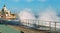 Spray from waves splashing on boardwalk leading to Tamariz beach in the Atlantic resort town of Estoril near Lisbon