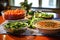 spread of hummus with broccoli and carrot sticks on a kitchen island