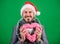 Spread love around. Man in love happy wear santa hat celebrate christmas green background. Merry christmas and happy new