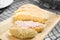 Spreadable mortadella bologna pink mousse on bread slices