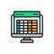 Spreadsheet, computer screen, financial accounting report flat color icon.
