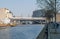 Spree river in Berlin, bridge and train on the bridge