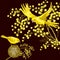 Sprig of Mimosa and Yellow Bird, Spring Background