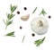 Sprigs and leaves of rosemary, allspice and garlic. White isolated background.