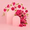 Spring abstract stage - arch of pink fresh spray roses, two blank rounded space as podiums mockup with levitation of buds, green.