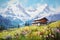 Spring Alpine landscape. Mountains, valley, house. Horizontal composition