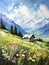 Spring Alpine landscape. Mountains, valley, house. Vertical composition