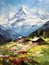 Spring Alpine landscape. Mountains, valley, houses. Vertical composition