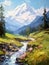 Spring Alpine landscape. Mountains, valley, river. Vertical composition