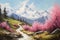 Spring Alpine landscape. Mountains, valley, road. Horizontal composition