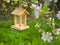 Spring apple tree with white and pink blossoms and bird feeder.