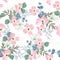 Spring autumn pink flowers with white herbs seamless pattern. Watercolor style floral background