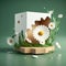 Spring Backdrop with Wood Podium Display, White Daisy Flowers, and Green Grass Pedestal. Generative AI