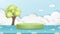Spring background 3D green cylinder podium, flower bloosom on tree,Paper cut cloud layer on blue sky background,Vector