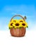 Spring background. Basket full of sunflowers and a butterfly.