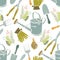 Spring background, gardening tools and snails