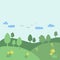 Spring background with green lawns, yellow flowers, trees, birds and clouds. Place for text