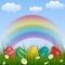 Spring background with rainbow, green grass, flowers, clouds and