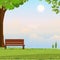 Spring background rural landscape, wooden bench on green grass field with cloud and blue sky in morning, Vector cartoon nature