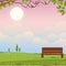 Spring background rural landscape, wooden bench on green grass field with cloud and blue sky in morning, Vector cartoon nature