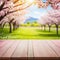 Spring background with wooden Natural template for product display with cherry blossoms bokeh and Empty wooden table in