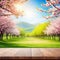 Spring background with wooden Natural template for product display with cherry blossoms bokeh and Empty wooden table in