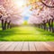 Spring background with wooden Natural template for product display with cherry blossoms bokeh and Empty wooden table in