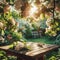 Spring beautiful background with green lush young foliage and flowering branches with an empty wooden table