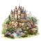 Spring big castle with garden and fountain watercolor illustration, spring clipart