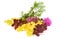 Spring blooming barberry branches with yellow and red leaves, barbs and green juniper, template for text or design. Close-up