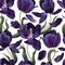 Spring blooming navy blue tulip flowers, leaves and flowers seamless pattern