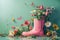 Spring blooms burst from pink boot, spring and nature concept