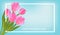 Spring blue Background with Tulips. March 8 International Women`s Day greeting card template with flowers. Vector