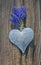 spring blue flowers hung on an iron heart on a board