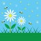 Spring blue sky day with simple white daisy flowers and honey bees kids poster