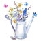 Spring bouquet with daffodils, pansies, muscari and butterflies