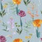 Spring bouquets on the vintage blue background. Seamless pattern with delicate flowers.