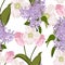 Spring bouquets on the white background. Seamless pattern with delicate flowers. Anemones, lilac, tulip.