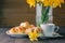 Spring breakfast with freshly baked crusty sesame bagels