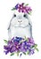 Spring bunny with purple flowers on white isolated background, watercolor illustration, digital poster