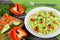 Spring cabbage salad with bell pepper, corn, cucumber and dill
