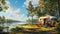 spring camping bliss with a cozy scene of a camping car parked on a lush green grassland, where friends gather around a