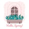 Spring card. Cute pink window with flowers.