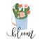 Spring card with wildflowers bucket, garden bouquet with bloom lettering, inspiration for springtime, cute cartoon hand