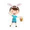 Spring cartoon boy with bunny ears holding basket with eggs.