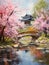 Spring Chinese garden. Oil painting in impressionism style. Vertical composition