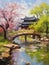 Spring Chinese garden. Oil painting in impressionism style. Vertical composition